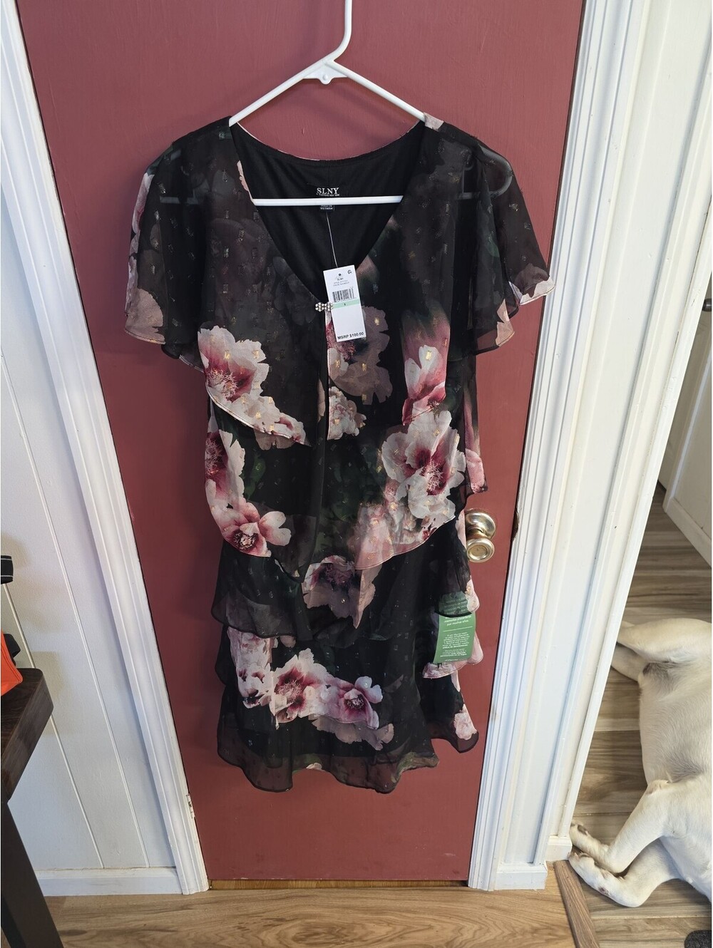 SLNY Women's Floral Print Chiffon Tiered Ruffle Dress Black Size 8